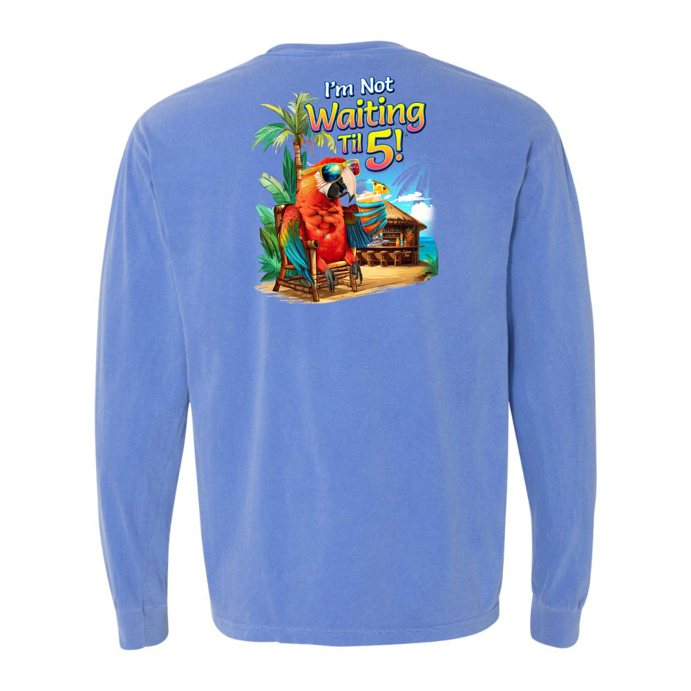 Blue long-sleeve shirt with a tropical graphic and text on the back