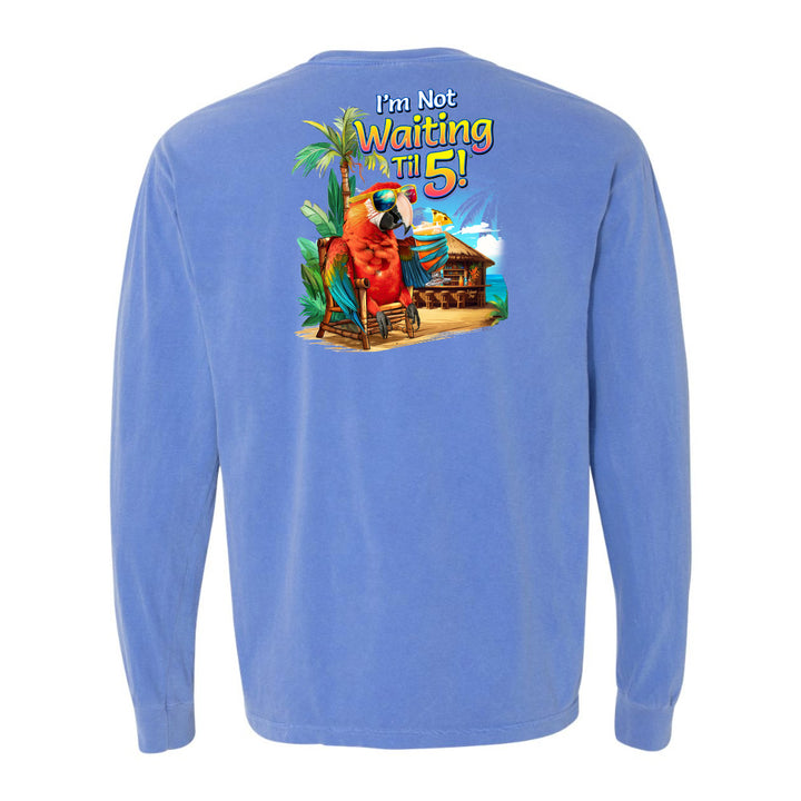 Blue long-sleeve shirt with a tropical graphic and text on the back