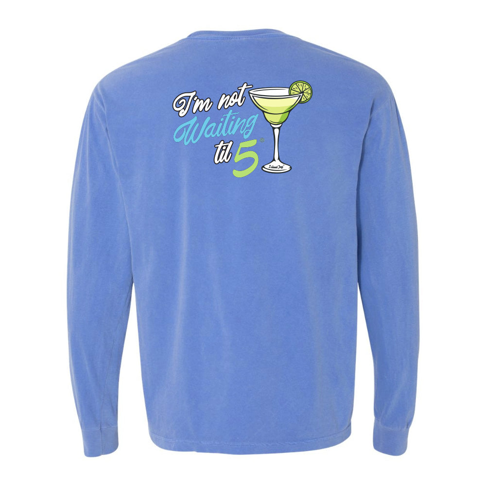 Blue long-sleeve shirt with a cocktail graphic and text on the back against a white background