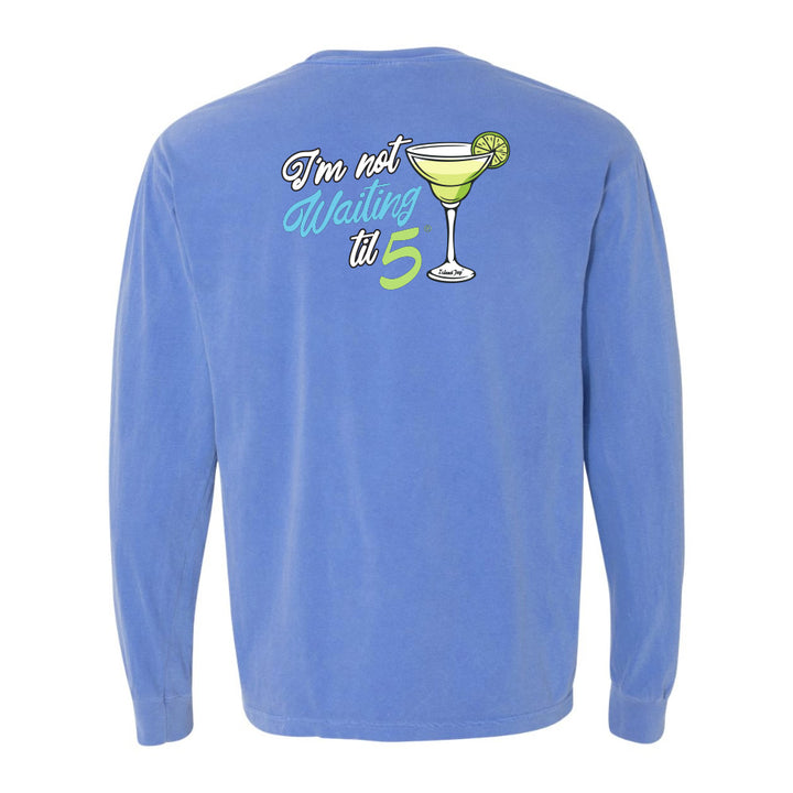 Blue long-sleeve shirt with a cocktail graphic and text on the back against a white background