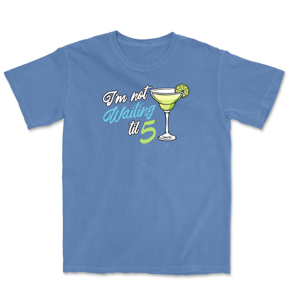 Blue t-shirt with a cocktail graphic and text on a white background
