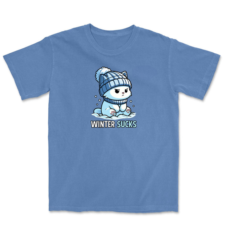 Blue t-shirt with a cartoon character wearing a winter hat and scarf, and the text 'Winter Sucks' on a white background.