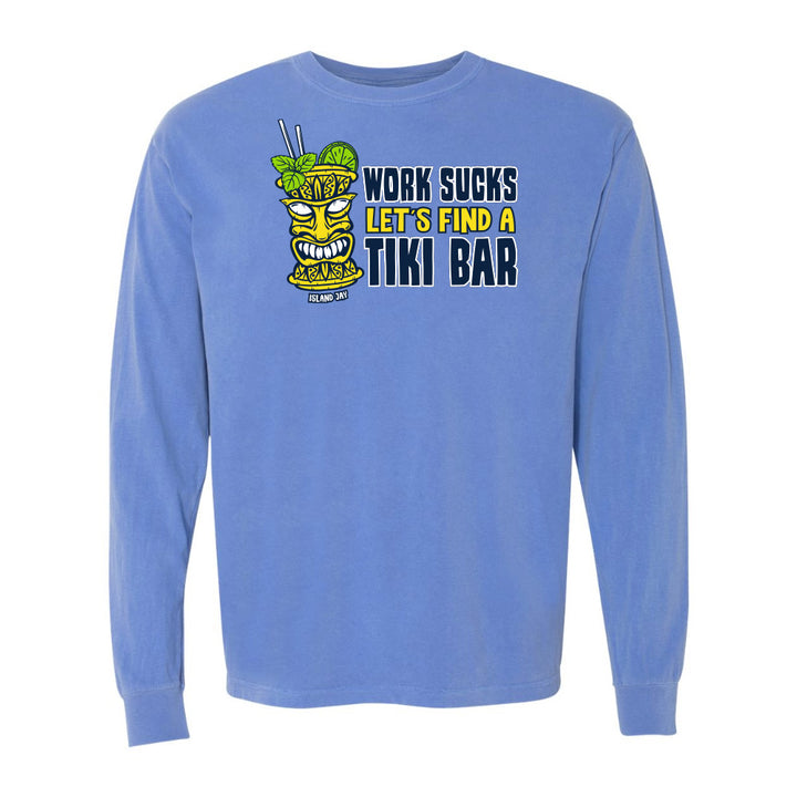 Blue long-sleeve shirt with tiki mug graphic and text on a white background