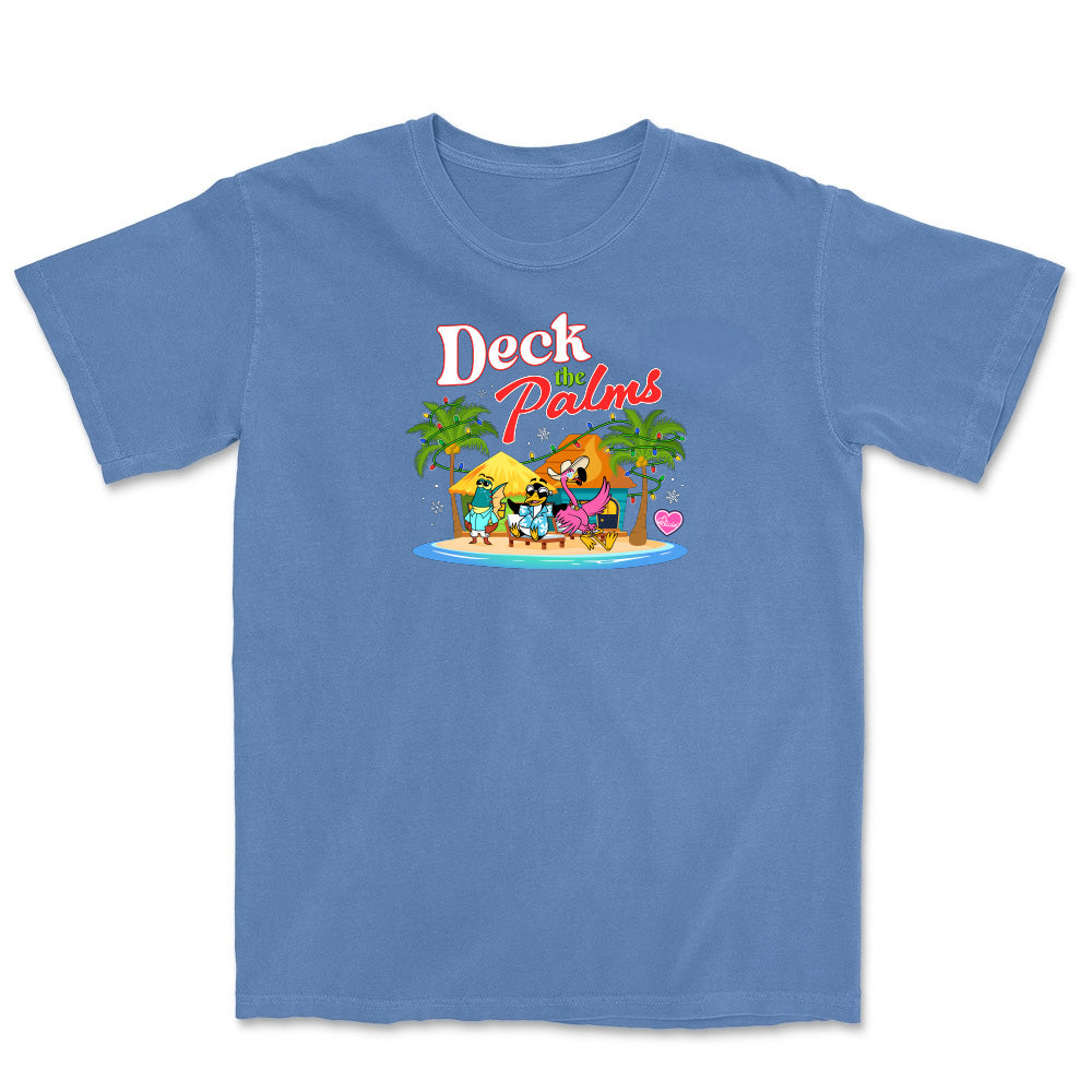Blue t-shirt with 'Deck the Palms' graphic design on a white background