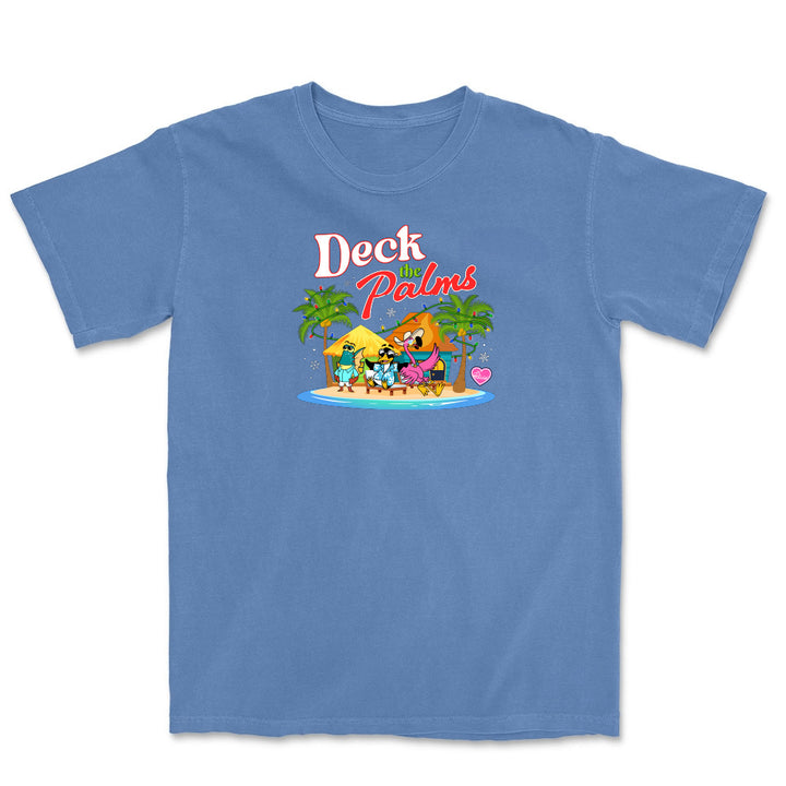 Blue t-shirt with 'Deck the Palms' graphic design on a white background