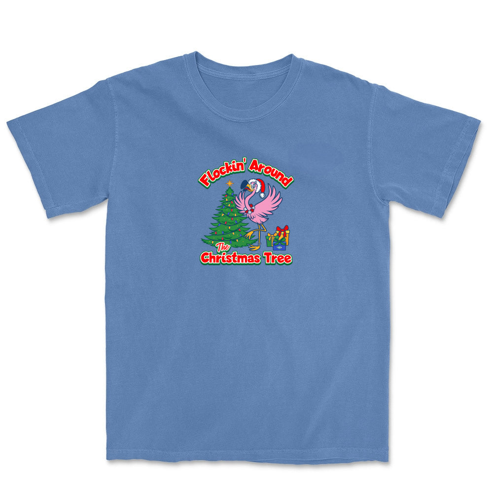 Blue t-shirt with a Christmas-themed graphic and text on a white background