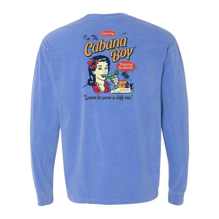 Blue long-sleeve shirt with 'Cabana Boy' graphic on the back