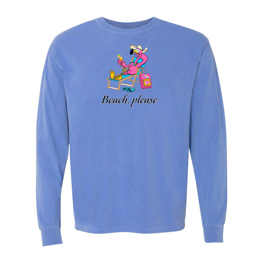 Blue long-sleeve shirt with a cartoon character and 'Beach please' text on a white background