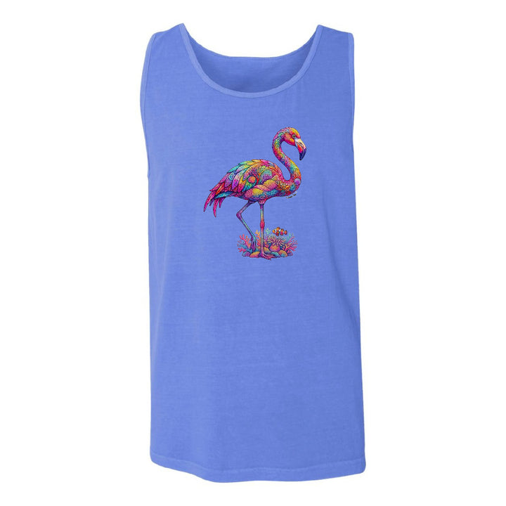Blue tank top with a colorful flamingo design on a white background
