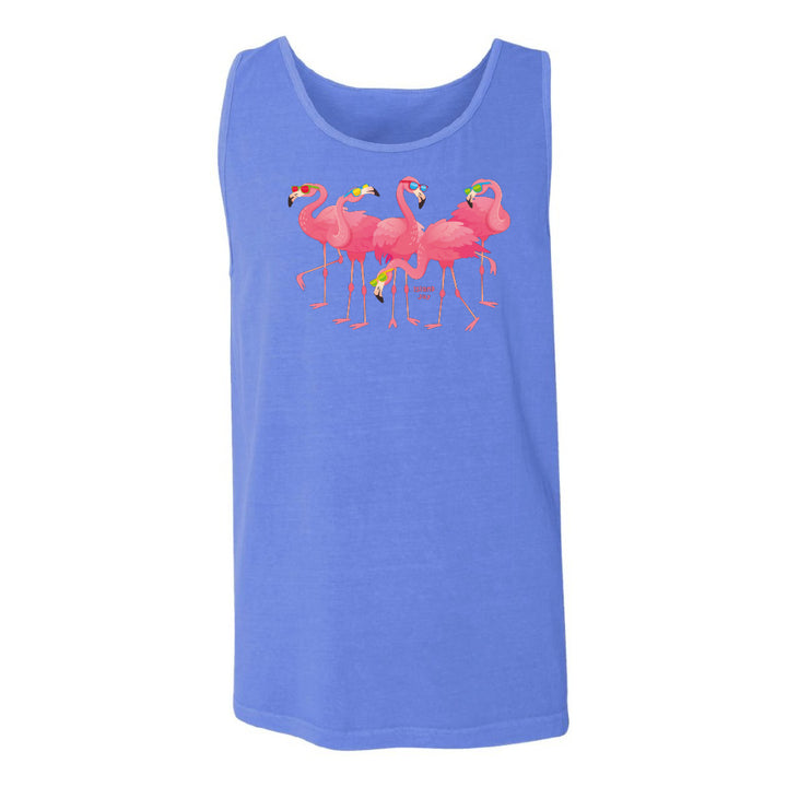 Blue tank top with pink flamingo design on a white background