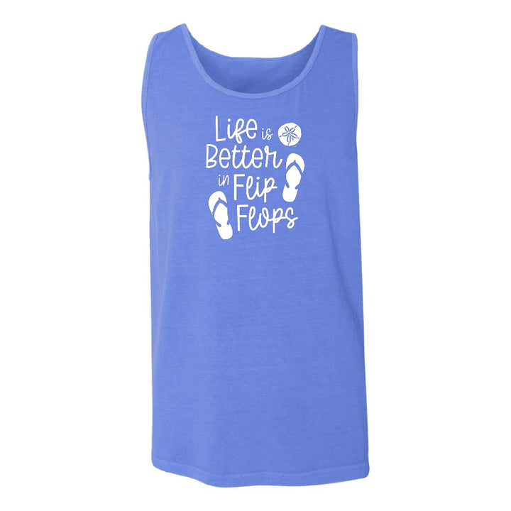 Blue tank top with 'Life is Better in Flip Flops' text and flip flop icons on a white background