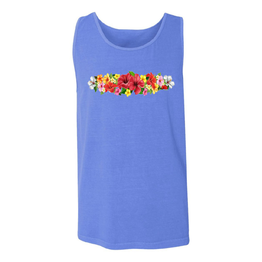Blue tank top with colorful floral design on a white background