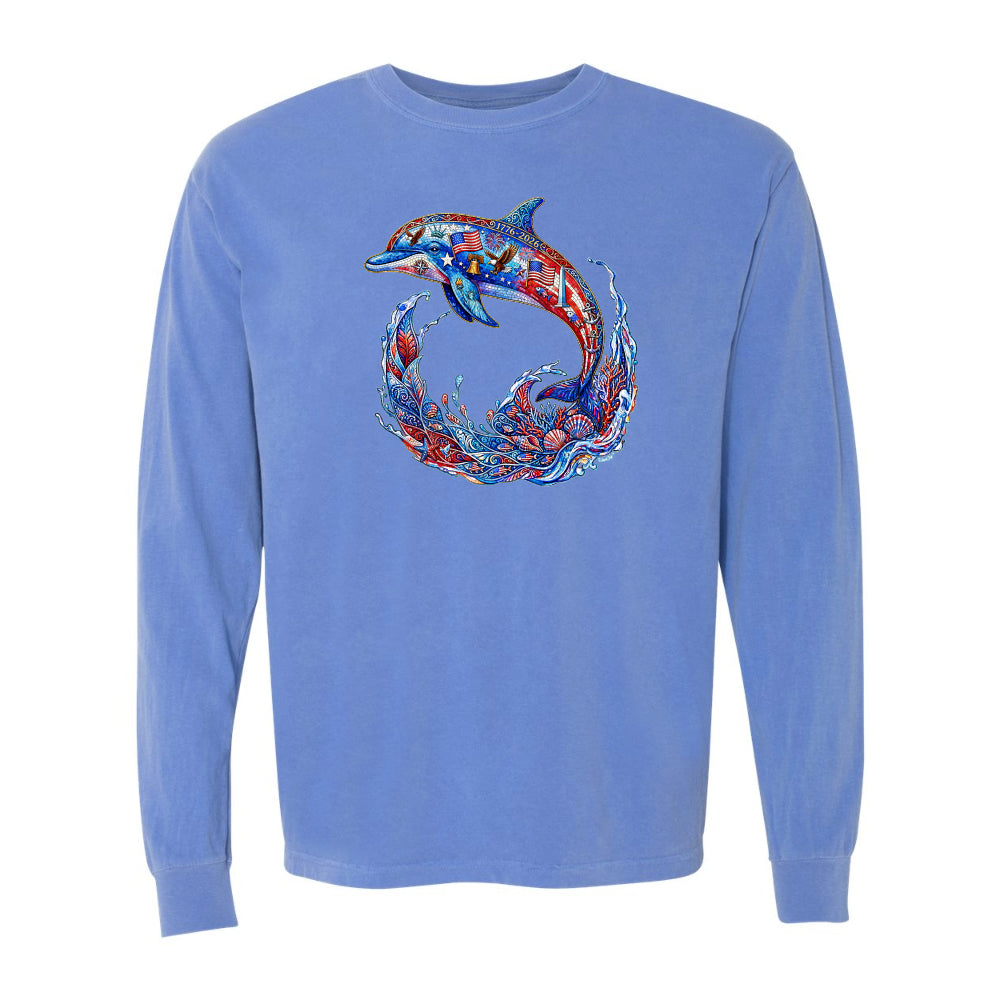 Blue long-sleeve shirt with a colorful dolphin design on a white background