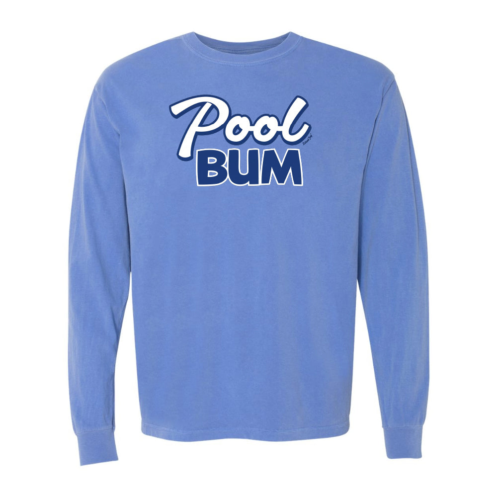 Blue long-sleeve shirt with 'Pool Bum' text on a white background