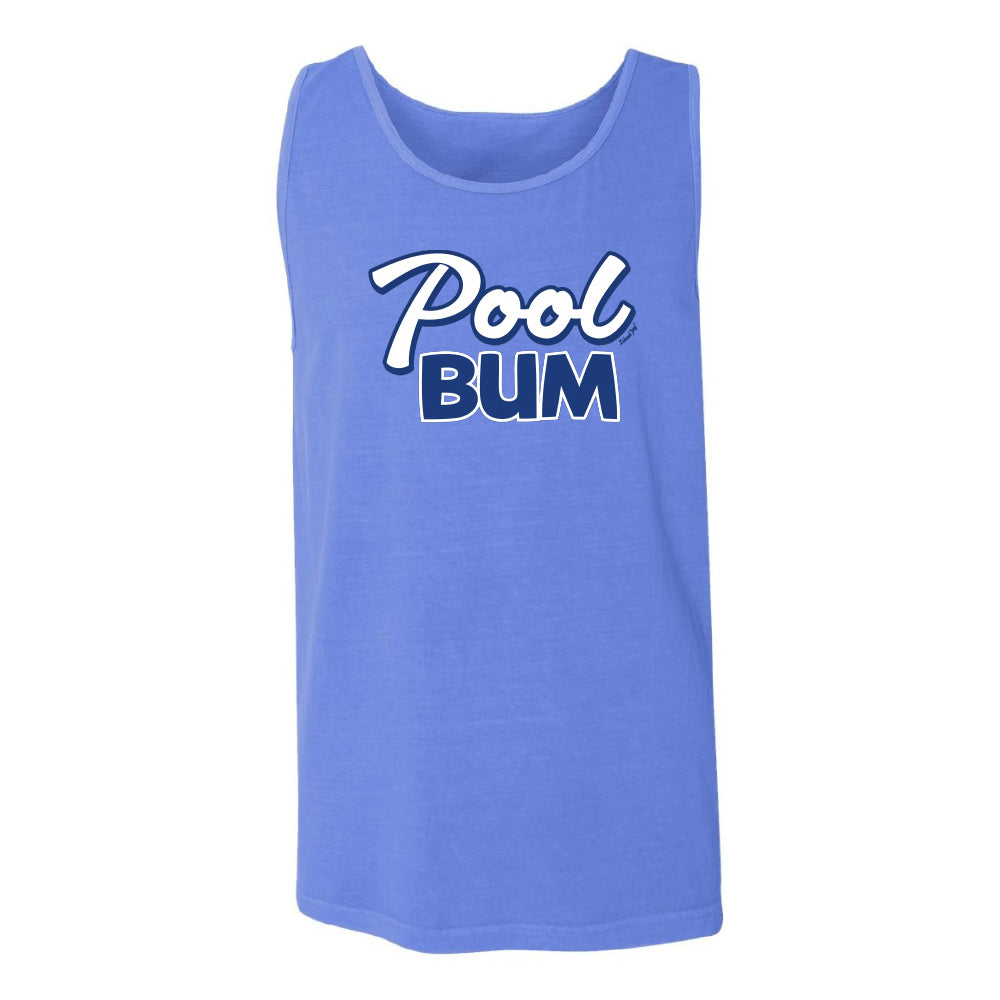 Blue tank top with 'Pool Bum' text on a white background