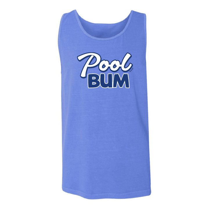 Blue tank top with 'Pool Bum' text on a white background