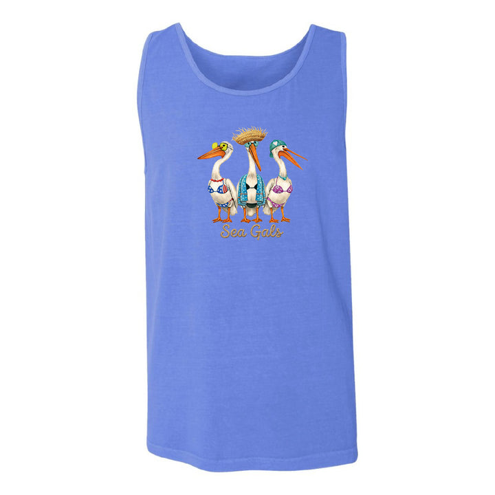 Blue tank top with cartoon pelicans and 'Sea Gals' text on a white background