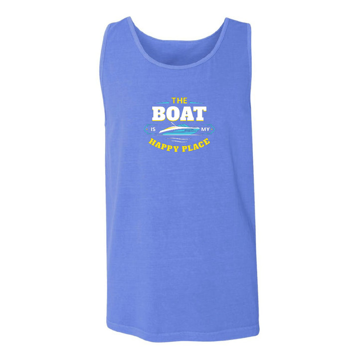 Blue tank top with text and graphic on a white background