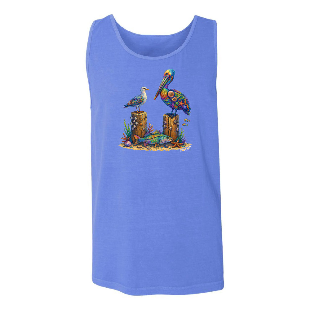 Blue tank top with a colorful pelican design on a white background