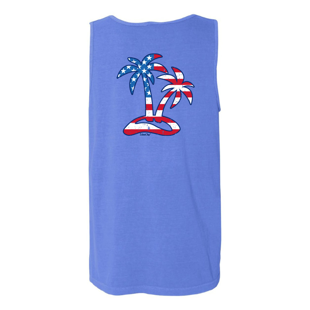 Blue tank top with American flag palm tree design on a white background