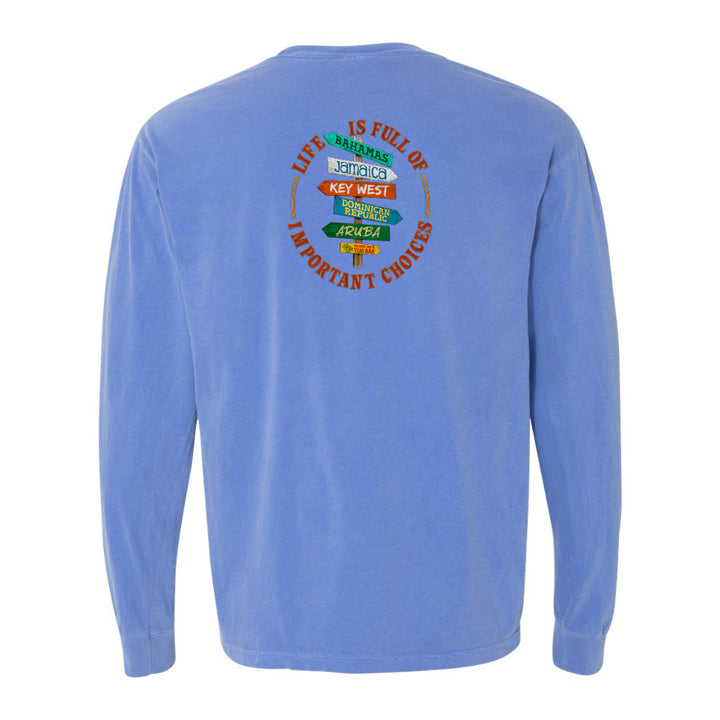 Blue long-sleeve shirt with colorful text design on the back against a white background