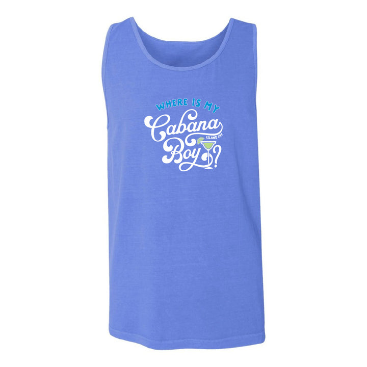 Blue tank top with 'Where is my Cabana Boy' text on a white background
