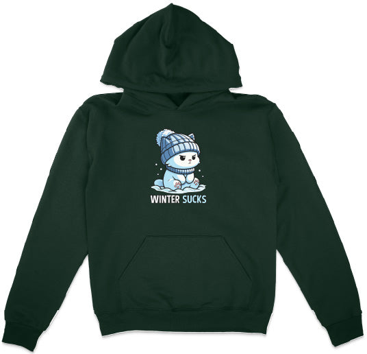 Black hoodie with a graphic of a bear wearing a blue hat and scarf, and the text 'Winter Sucks' on a white background.