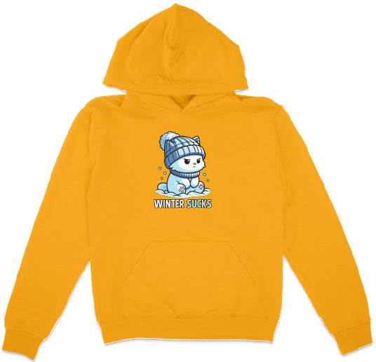 Yellow hoodie with a cartoon character and 'Winter Sucks' text on a white background