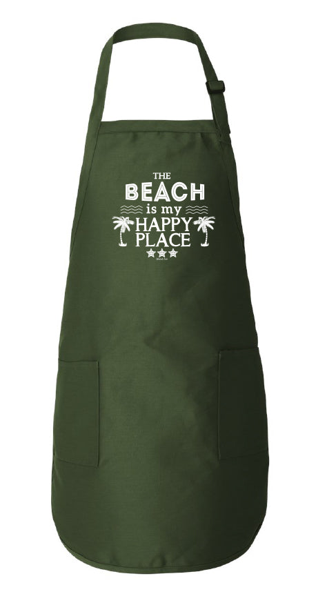 Green apron with 'The Beach is my Happy Place' text on a white background