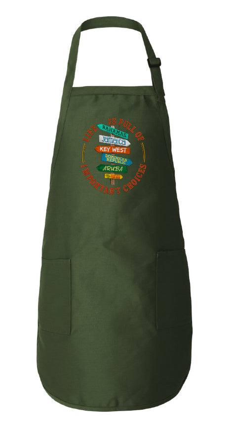 Green apron with embroidered design on a white background