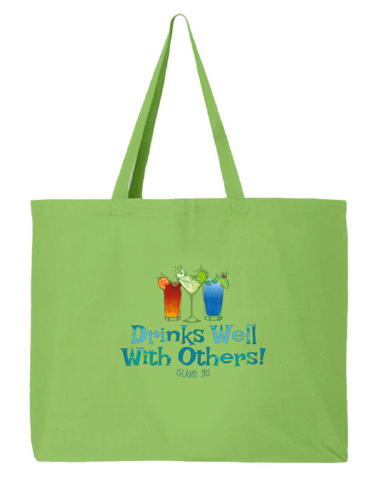 Green tote bag with colorful drink graphics and text 'Drinks Well With Others!' on a white background