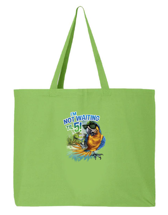 Green tote bag with a colorful parrot design and text on a white background