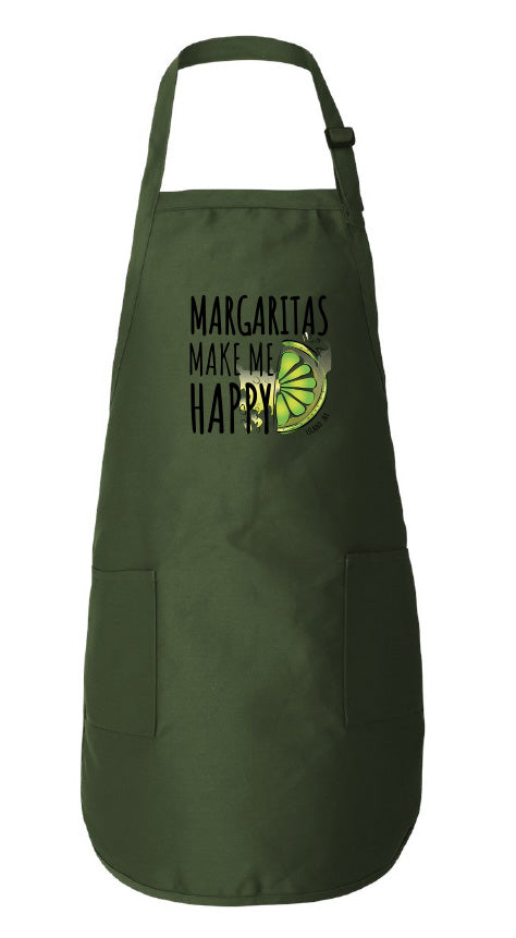 Green apron with 'Margaritas Make Me Happy' text and lime graphic on a white background