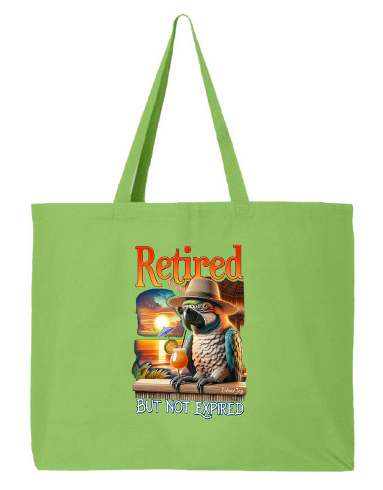 Green tote bag with a parrot graphic and text on a white background