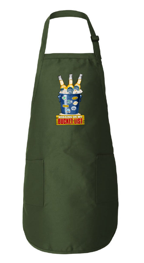Green apron with 'Bucket List' graphic on a white background