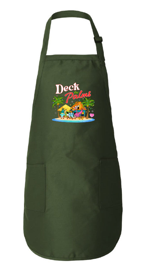 Green apron with a colorful graphic and text on a white background