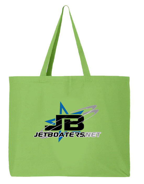 Green tote bag with JetBoaters.net logo on a white background