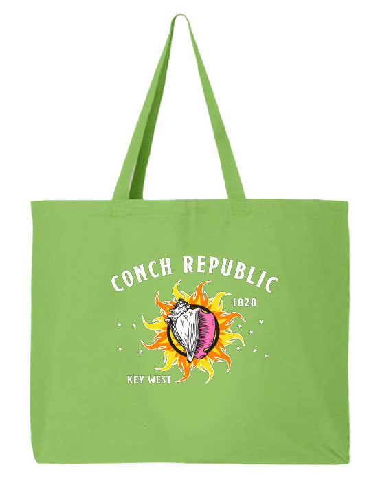 Green tote bag with 'Conch Republic 1829 Key West' design on a white background