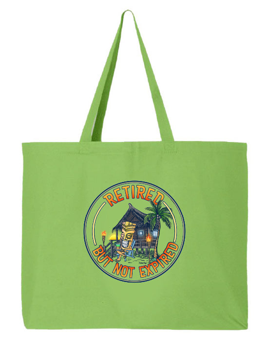 Green tote bag with a retirement-themed graphic on a white background