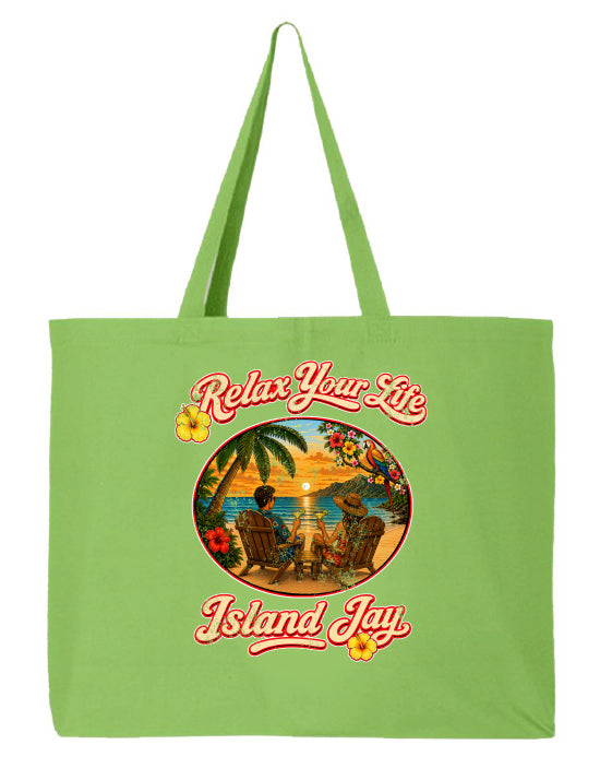 Green tote bag with 'Relax Your Life' and 'Island Jay' design on a white background