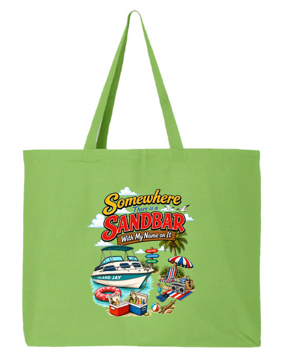 A light green canvas tote bag with two handles, featuring a colorful graphic print on the front that reads 'Somewhere That's a SANDBAR With My Name on It' above an illustration of a boat, beach umbrella, and pool toys.