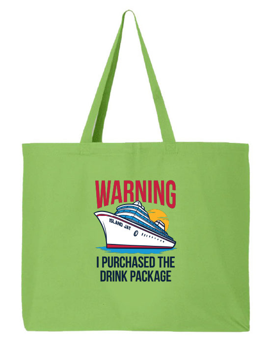 Green tote bag with a cruise ship graphic and text on a white background