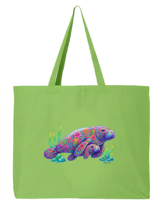 Green tote bag with a colorful manatee design on a white background