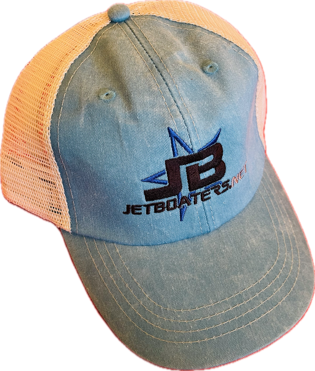 Trucker style basebal cap in blue with a jetboaters.net logo on the front