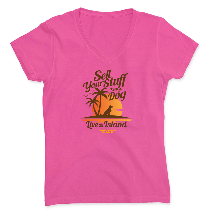 Pink t-shirt with a tropical graphic and text on a white background