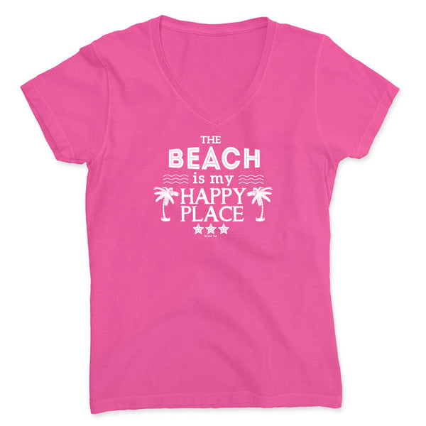 Pink t-shirt with 'The Beach is my Happy Place' text and palm tree graphics on a white background