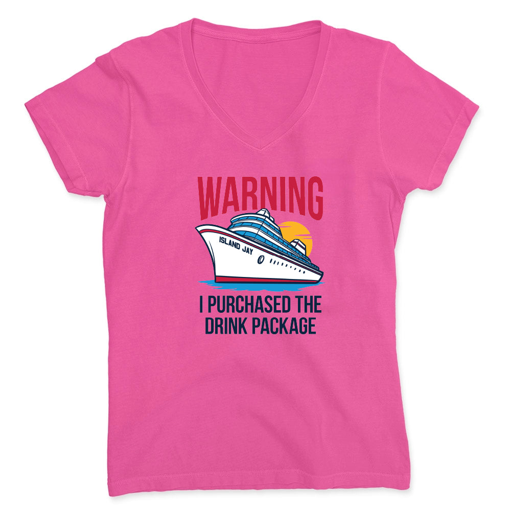 Pink t-shirt with a cruise ship graphic and text on a white background