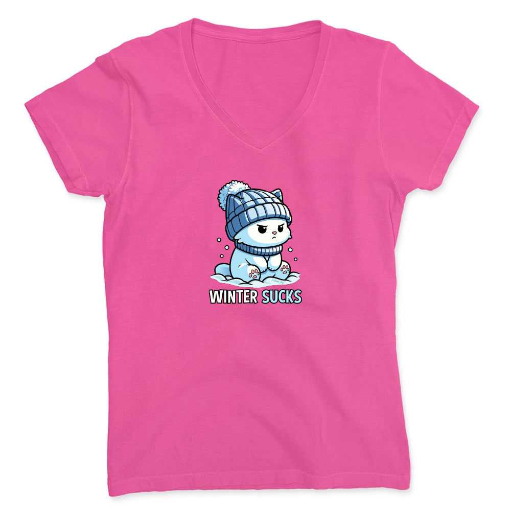 Pink t-shirt with a cartoon character and 'Winter Sucks' text on a white background