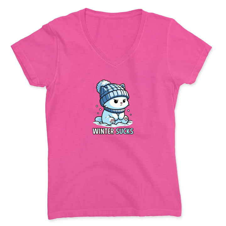 Pink t-shirt with a cartoon character and 'Winter Sucks' text on a white background