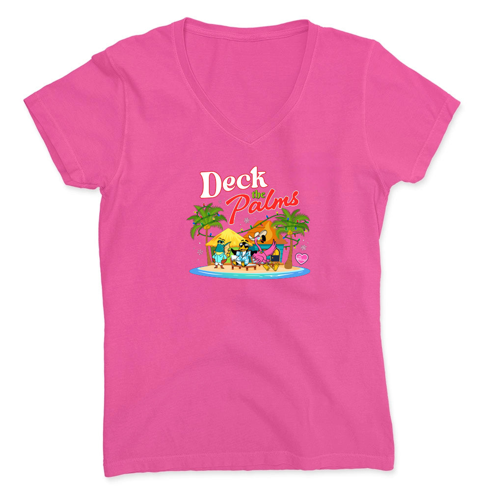 Pink t-shirt with 'Deck the Palms' graphic design on a white background